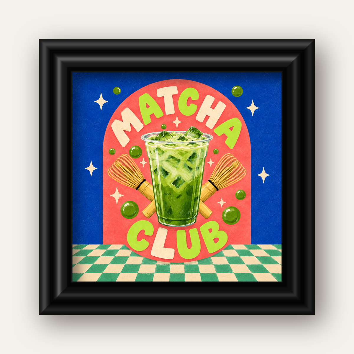 Retro Matcha Club Poster – Renkli İllüstrasyon Sanat Baskısı — siyah galeri çerçeveli