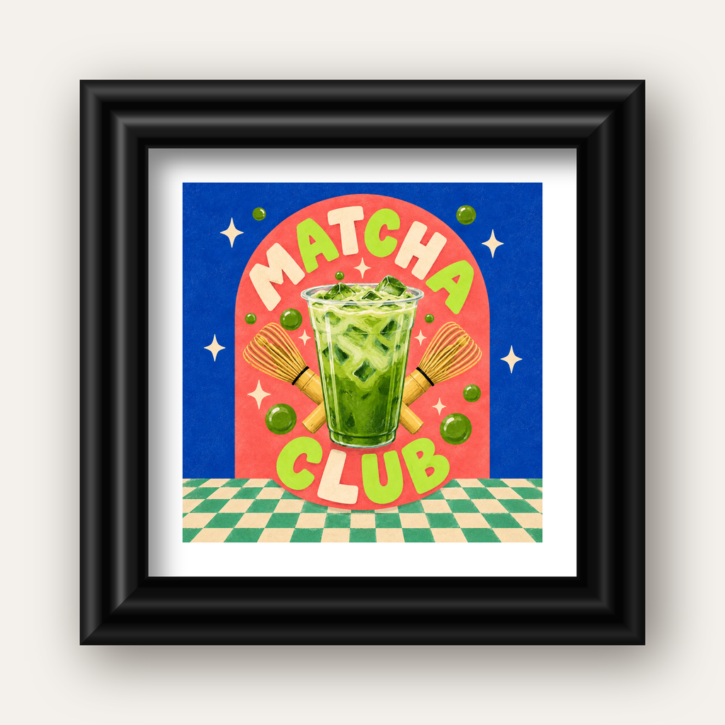Retro Matcha Club Poster – Renkli İllüstrasyon Sanat Baskısı — siyah galeri çerçeveli paspartulu