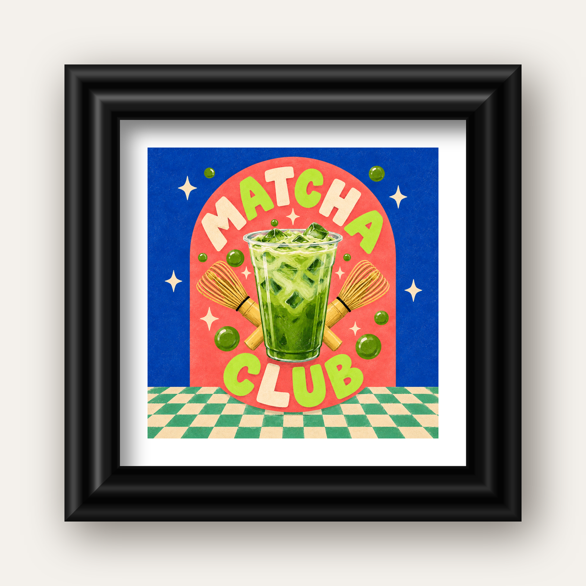 Retro Matcha Club Poster – Renkli İllüstrasyon Sanat Baskısı — siyah galeri çerçeveli paspartulu
