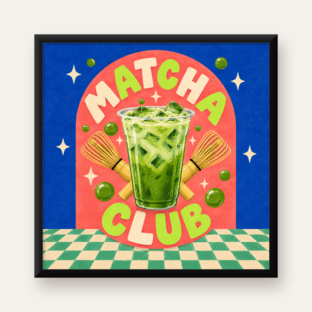 Retro Matcha Club Poster – Renkli İllüstrasyon Sanat Baskısı — Kare baskı, düz siyah çerçeveli duvar posteri