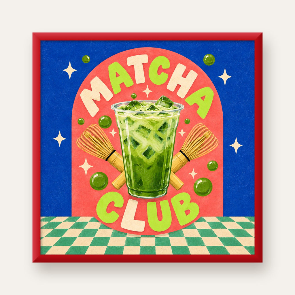 Retro Matcha Club Poster – Renkli İllüstrasyon Sanat Baskısı — kırmızı çerçeveli