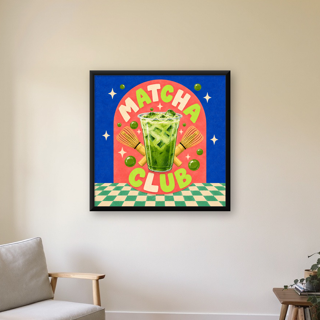 Retro Matcha Club Poster – Renkli İllüstrasyon Sanat Baskısı — Kare baskı, çerçeveli hâliyle bir ev duvarında