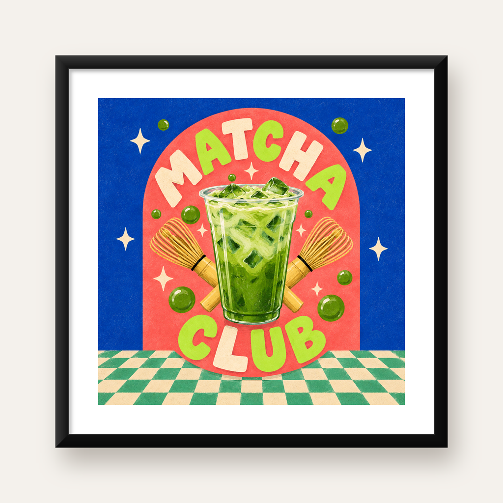 Retro Matcha Club Poster – Renkli İllüstrasyon Sanat Baskısı — Kare baskı, beyaz paspartulu