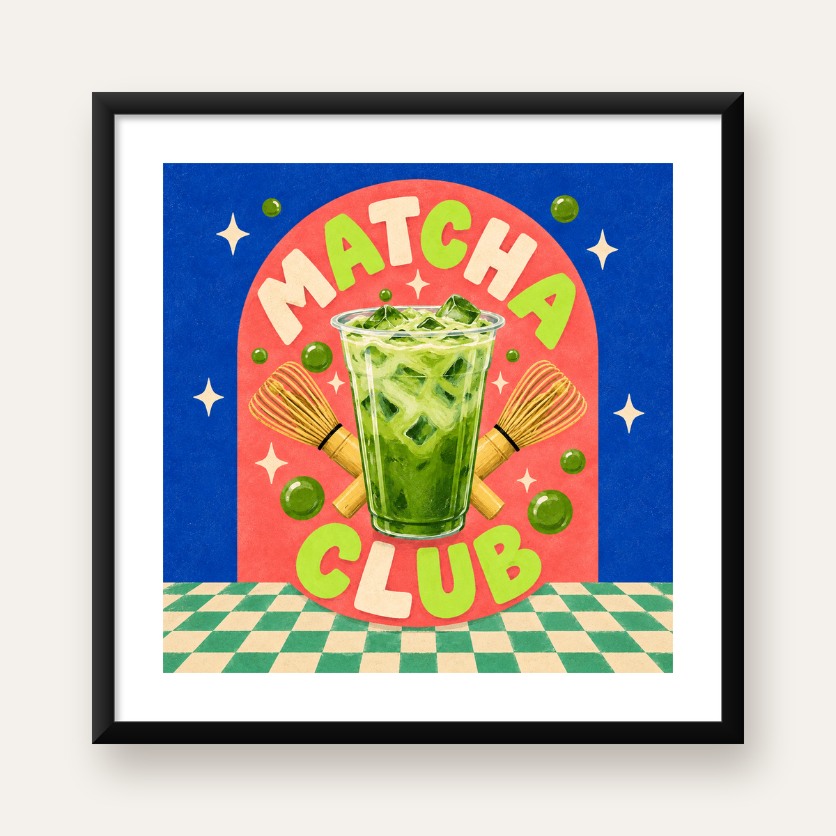 Retro Matcha Club Poster – Renkli İllüstrasyon Sanat Baskısı — Kare baskı, beyaz paspartulu