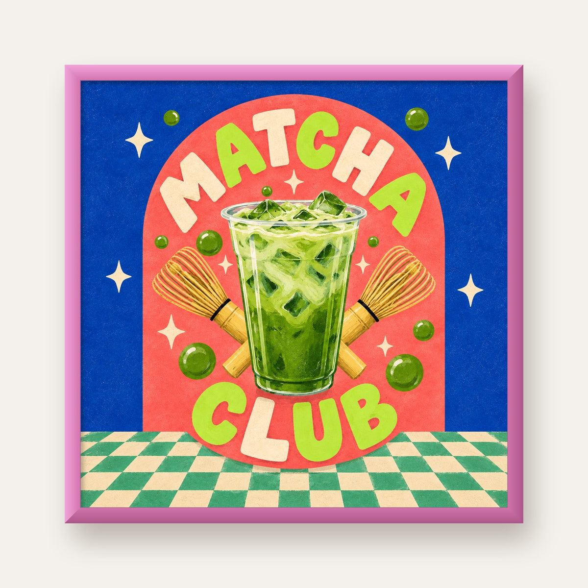 Retro Matcha Club Poster – Renkli İllüstrasyon Sanat Baskısı — pembe çerçeveli