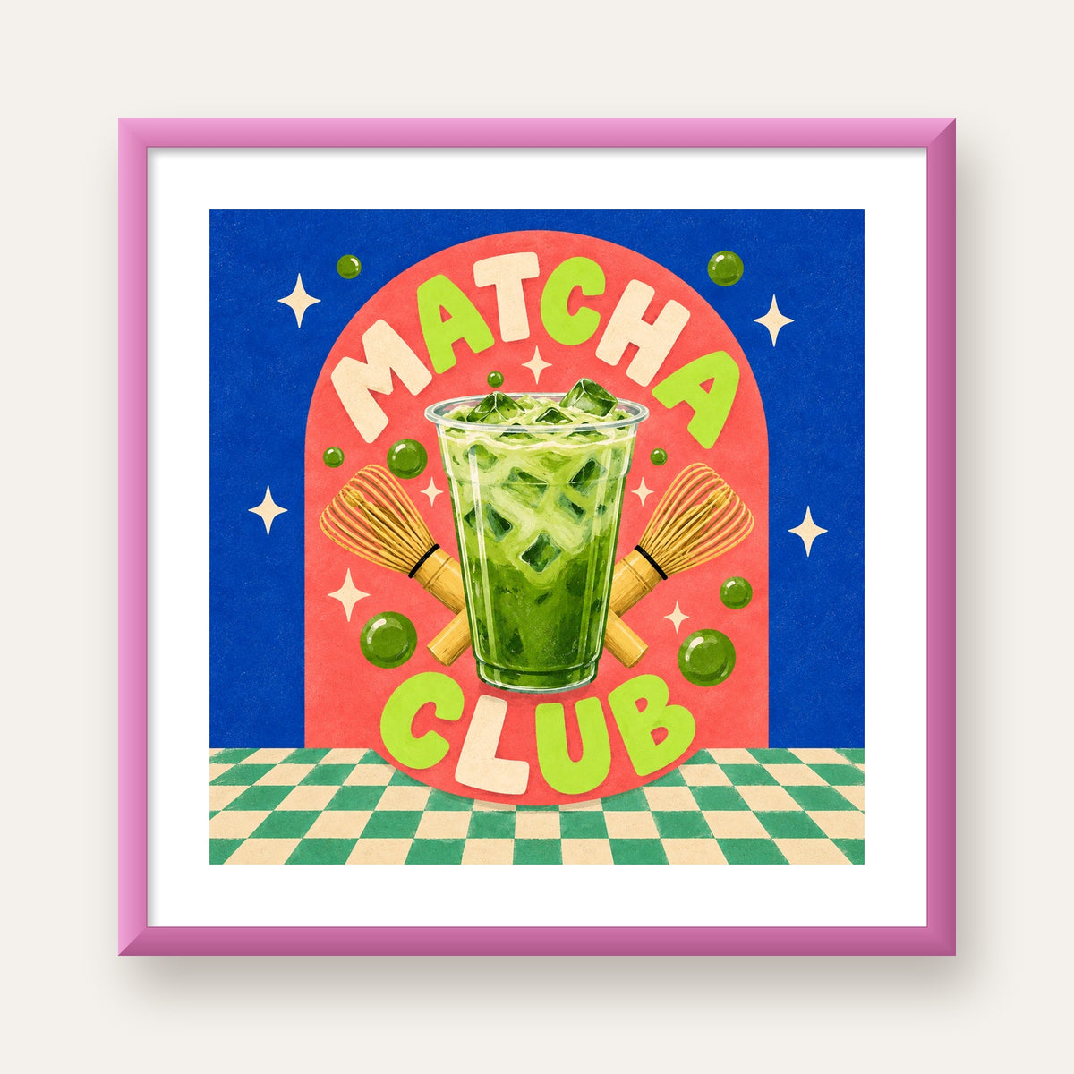 Retro Matcha Club Poster – Renkli İllüstrasyon Sanat Baskısı — pembe çerçeveli paspartulu