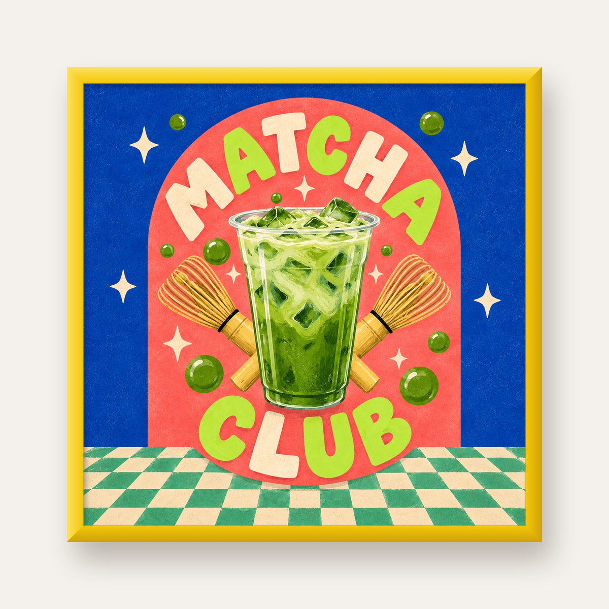 Retro Matcha Club Poster – Renkli İllüstrasyon Sanat Baskısı — sarı çerçeveli