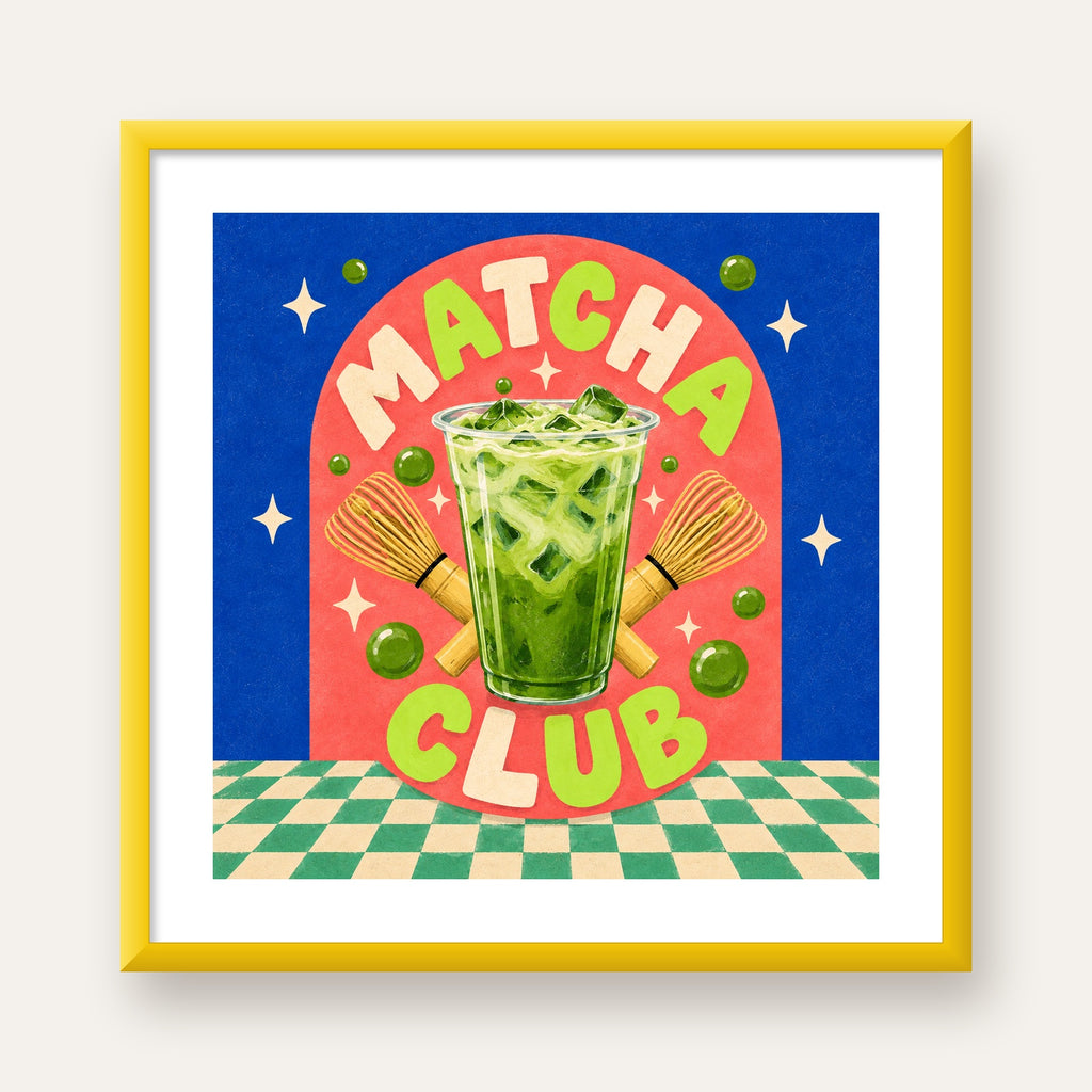 Retro Matcha Club Poster – Renkli İllüstrasyon Sanat Baskısı — sarı çerçeveli paspartulu