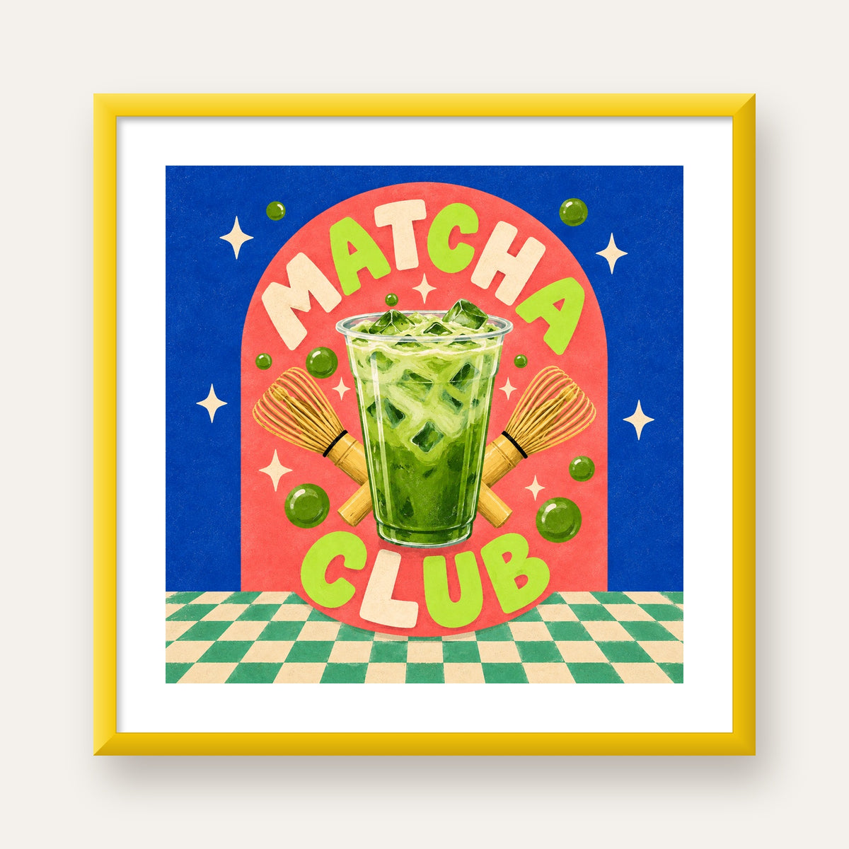 Retro Matcha Club Poster – Renkli İllüstrasyon Sanat Baskısı — sarı çerçeveli paspartulu
