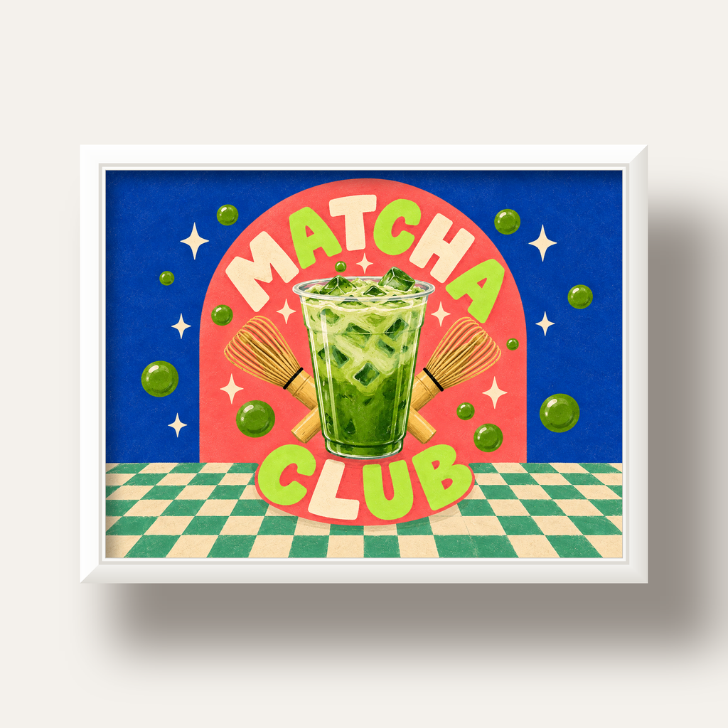 Retro Matcha Club Poster – Renkli İllüstrasyon Sanat Baskısı — beyaz derin çerçeveli