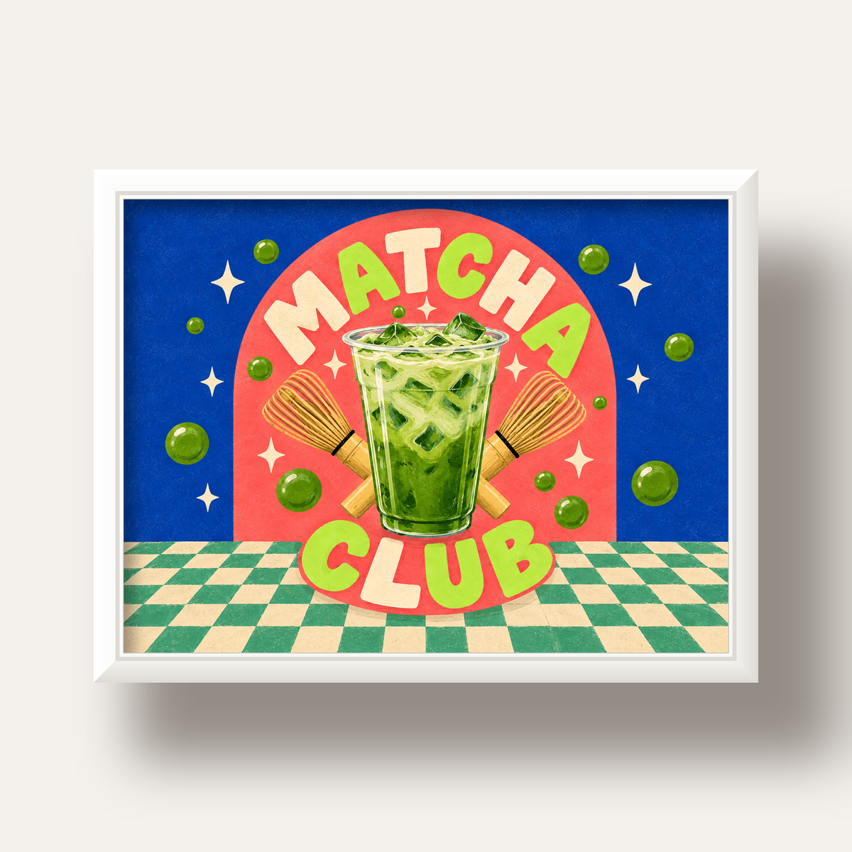 Retro Matcha Club Poster – Renkli İllüstrasyon Sanat Baskısı — beyaz derin çerçeveli