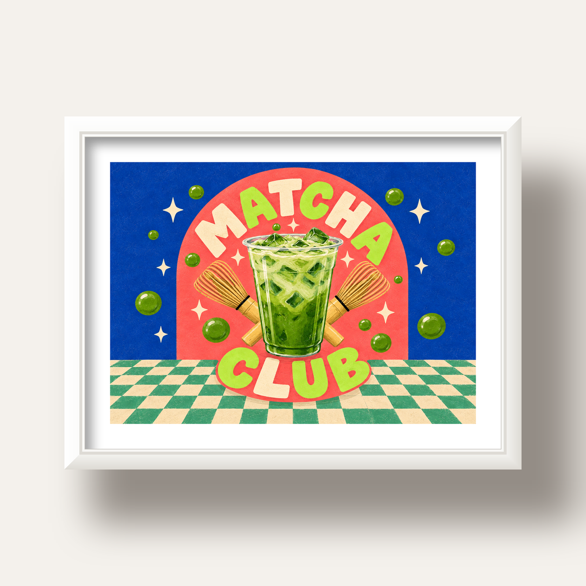 Retro Matcha Club Poster – Renkli İllüstrasyon Sanat Baskısı — beyaz derin çerçeveli paspartulu