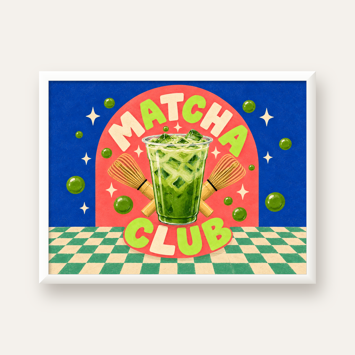 Retro Matcha Club Poster – Renkli İllüstrasyon Sanat Baskısı — beyaz çerçeveli yatay poster