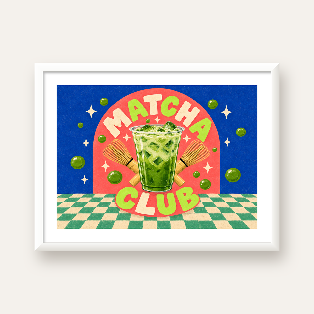 Retro Matcha Club Poster – Renkli İllüstrasyon Sanat Baskısı — beyaz çerçeveli yatay poster