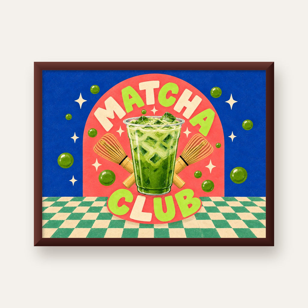 Retro Matcha Club Poster – Renkli İllüstrasyon Sanat Baskısı — ceviz çerçeveli