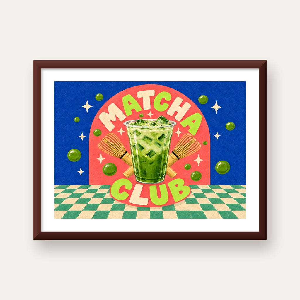 Retro Matcha Club Poster – Renkli İllüstrasyon Sanat Baskısı — ceviz çerçeveli paspartulu