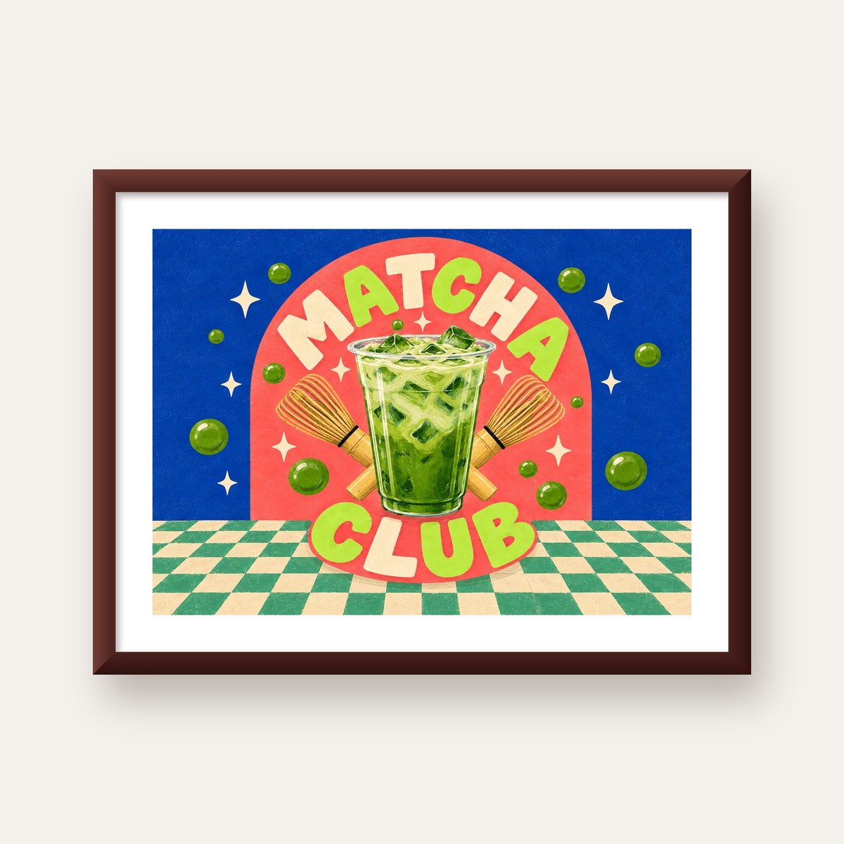 Retro Matcha Club Poster – Renkli İllüstrasyon Sanat Baskısı — ceviz çerçeveli paspartulu