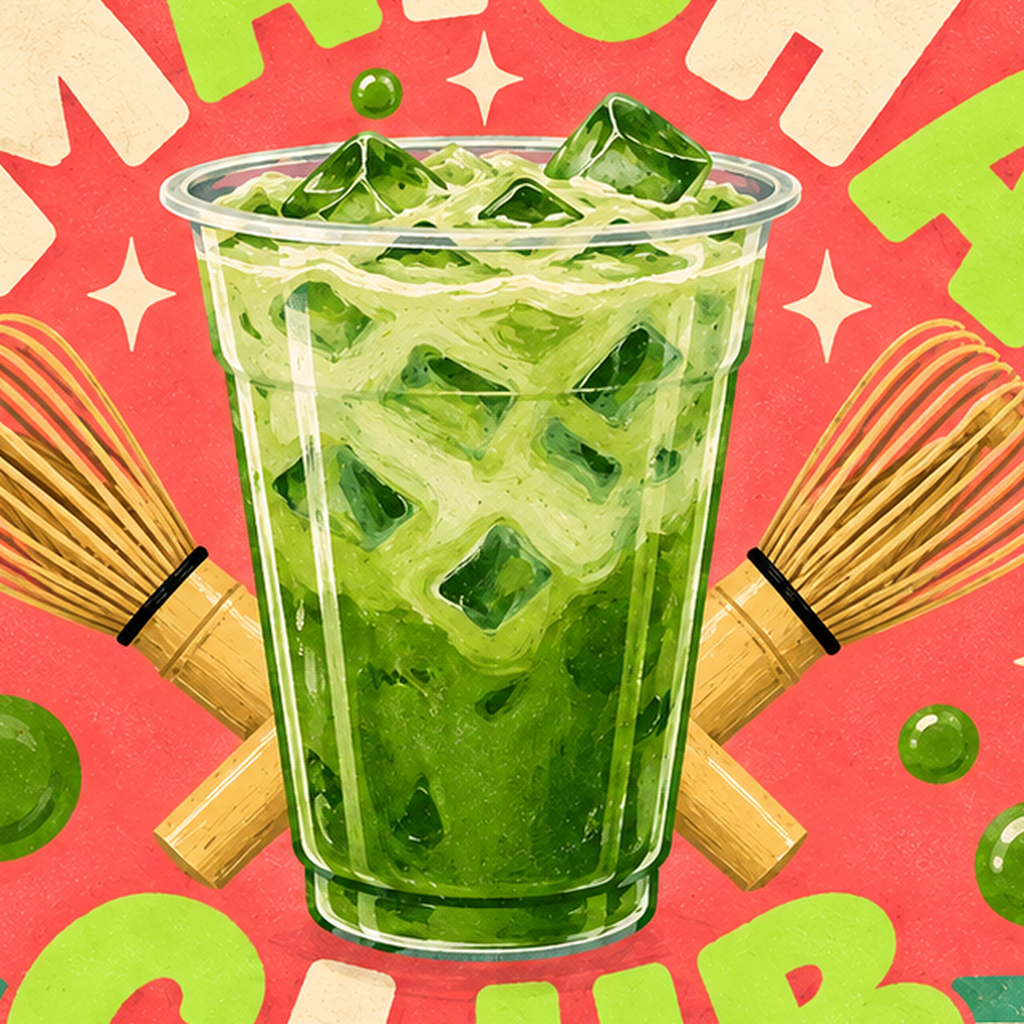 Retro Matcha Club Poster – Renkli İllüstrasyon Sanat Baskısı — baskının yakın çekimi, kâğıt dokusu ve renk detayı