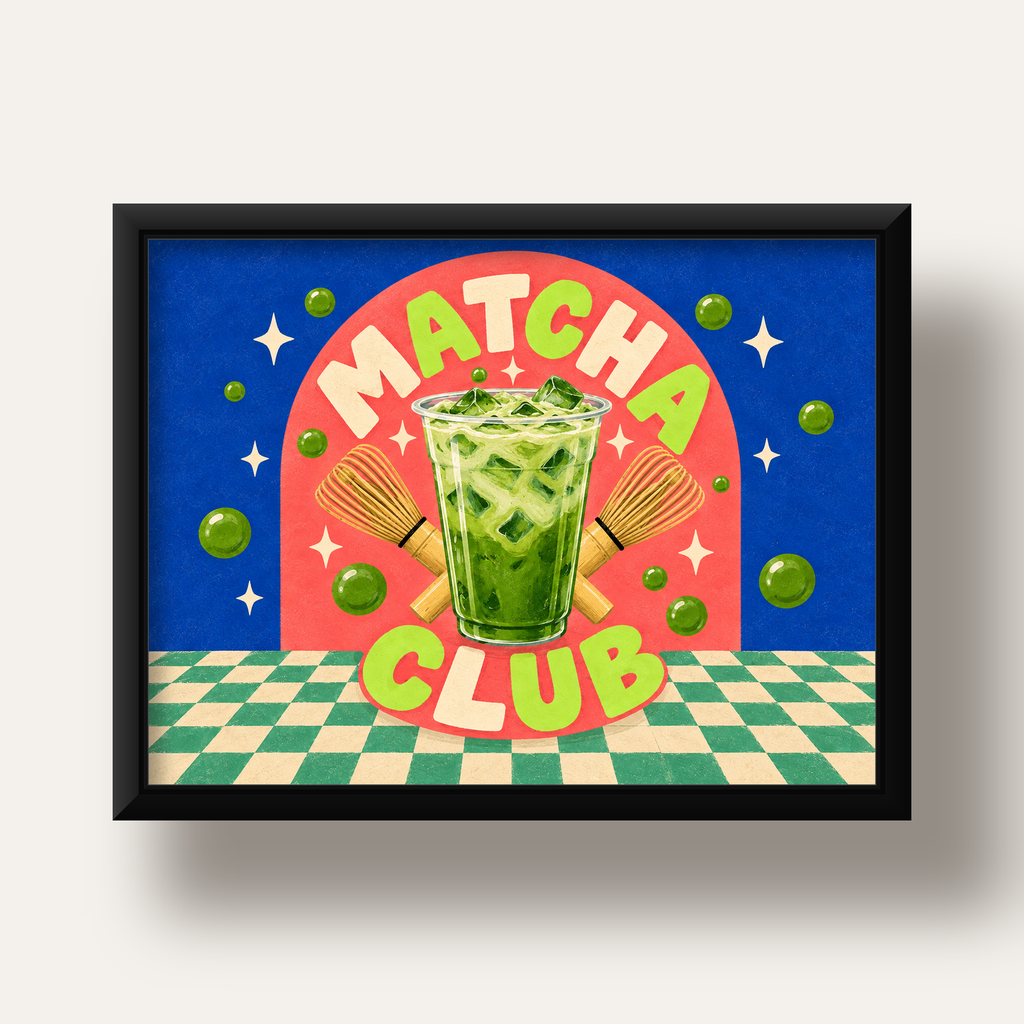 Retro Matcha Club Poster – Renkli İllüstrasyon Sanat Baskısı — siyah derin çerçeveli