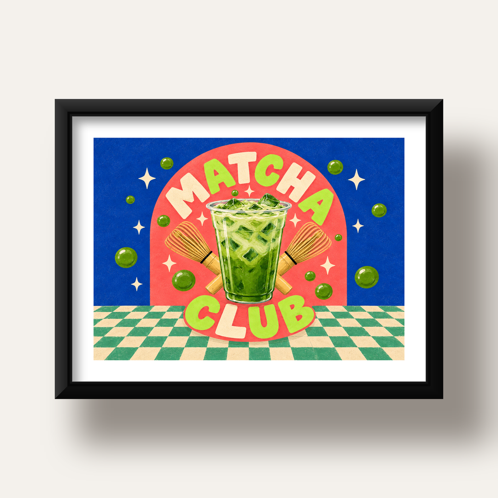 Retro Matcha Club Poster – Renkli İllüstrasyon Sanat Baskısı — siyah derin çerçeveli paspartulu