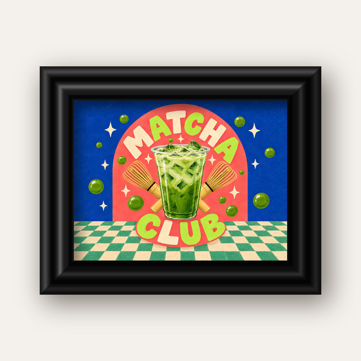 Retro Matcha Club Poster – Renkli İllüstrasyon Sanat Baskısı — siyah galeri çerçeveli