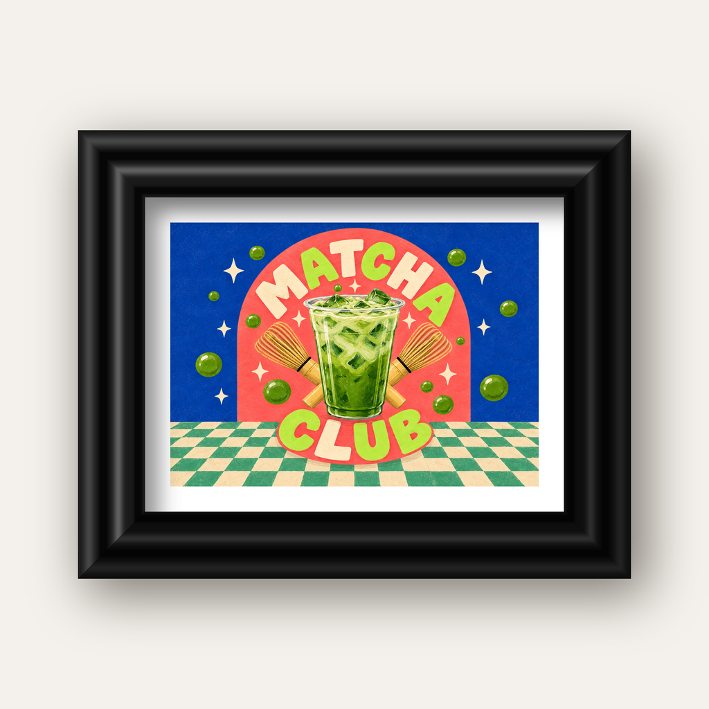 Retro Matcha Club Poster – Renkli İllüstrasyon Sanat Baskısı — siyah galeri çerçeveli paspartulu
