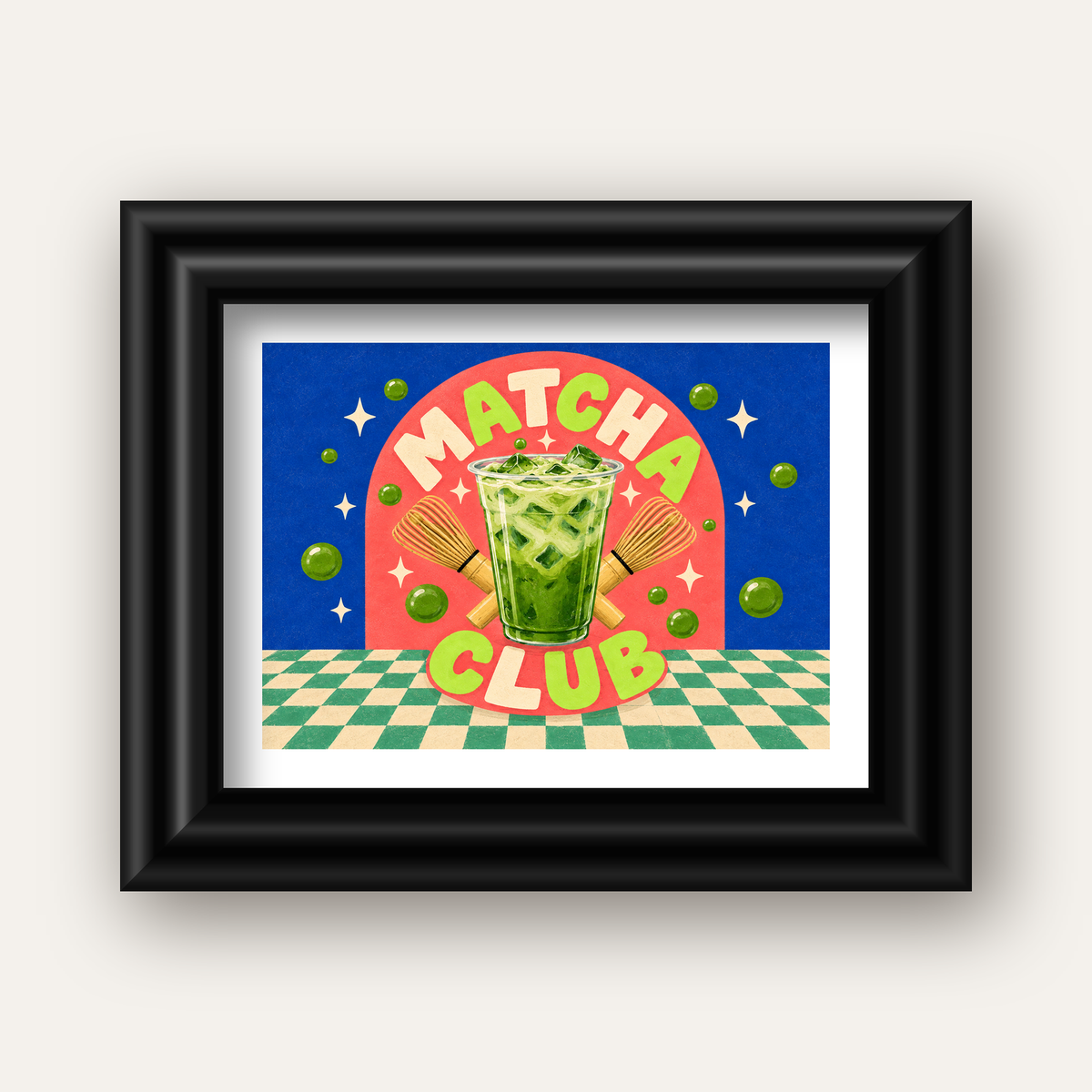 Retro Matcha Club Poster – Renkli İllüstrasyon Sanat Baskısı — siyah galeri çerçeveli paspartulu
