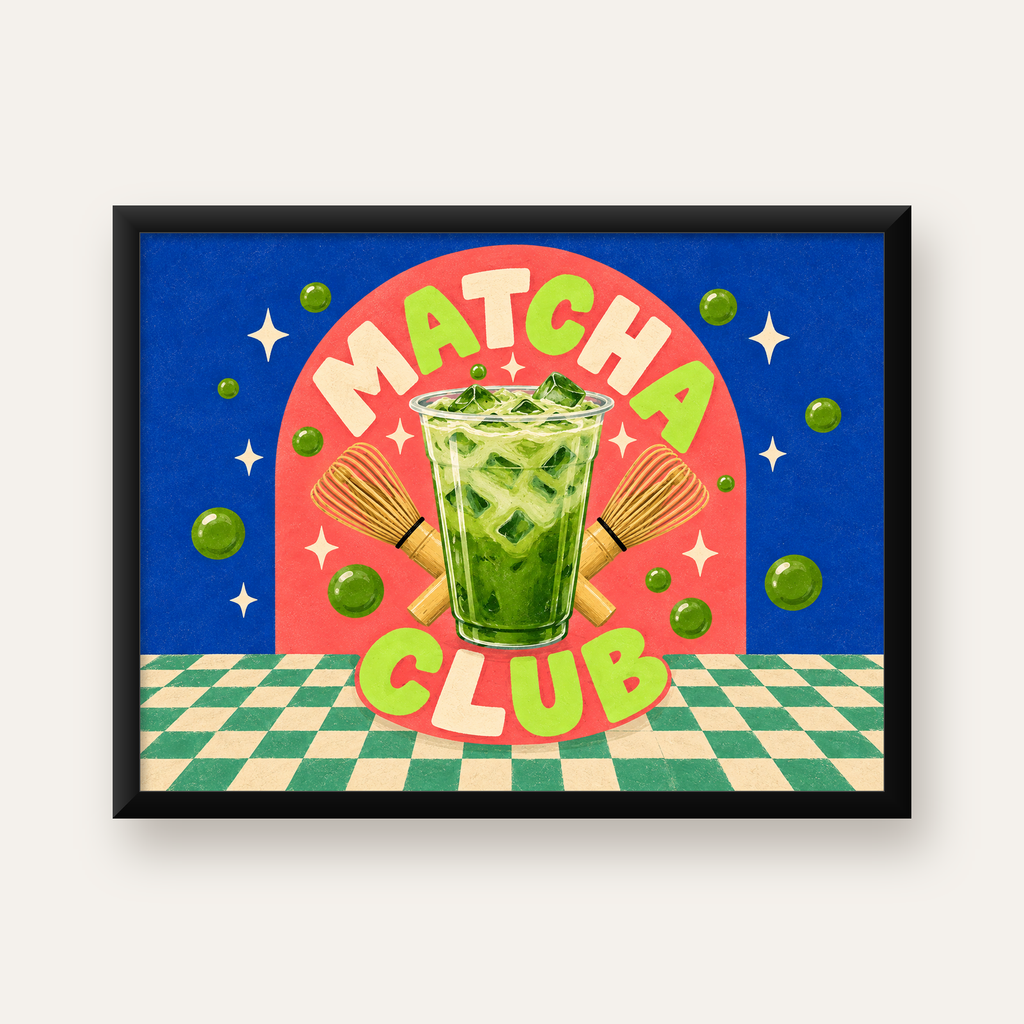 Retro Matcha Club Poster – Renkli İllüstrasyon Sanat Baskısı — Yatay baskı, düz siyah çerçeveli duvar posteri