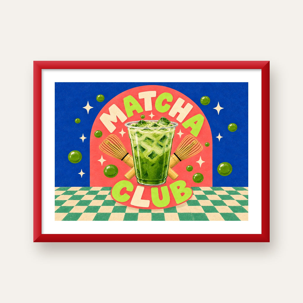 Retro Matcha Club Poster – Renkli İllüstrasyon Sanat Baskısı — kırmızı çerçeveli paspartulu