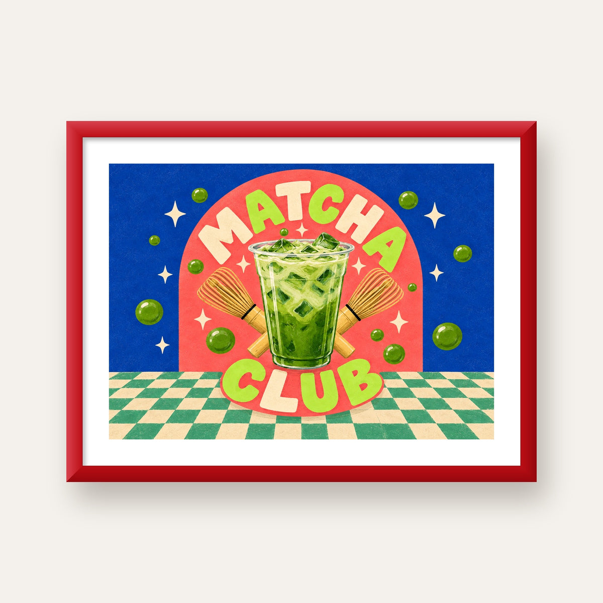 Retro Matcha Club Poster – Renkli İllüstrasyon Sanat Baskısı — kırmızı çerçeveli paspartulu