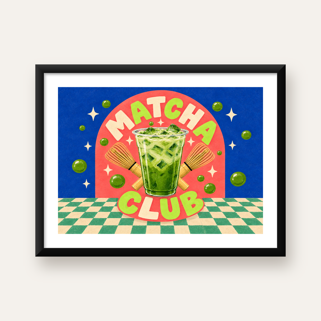 Retro Matcha Club Poster – Renkli İllüstrasyon Sanat Baskısı — Yatay baskı, beyaz paspartulu