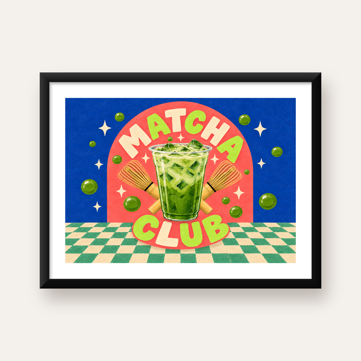 Retro Matcha Club Poster – Renkli İllüstrasyon Sanat Baskısı — Yatay baskı, beyaz paspartulu