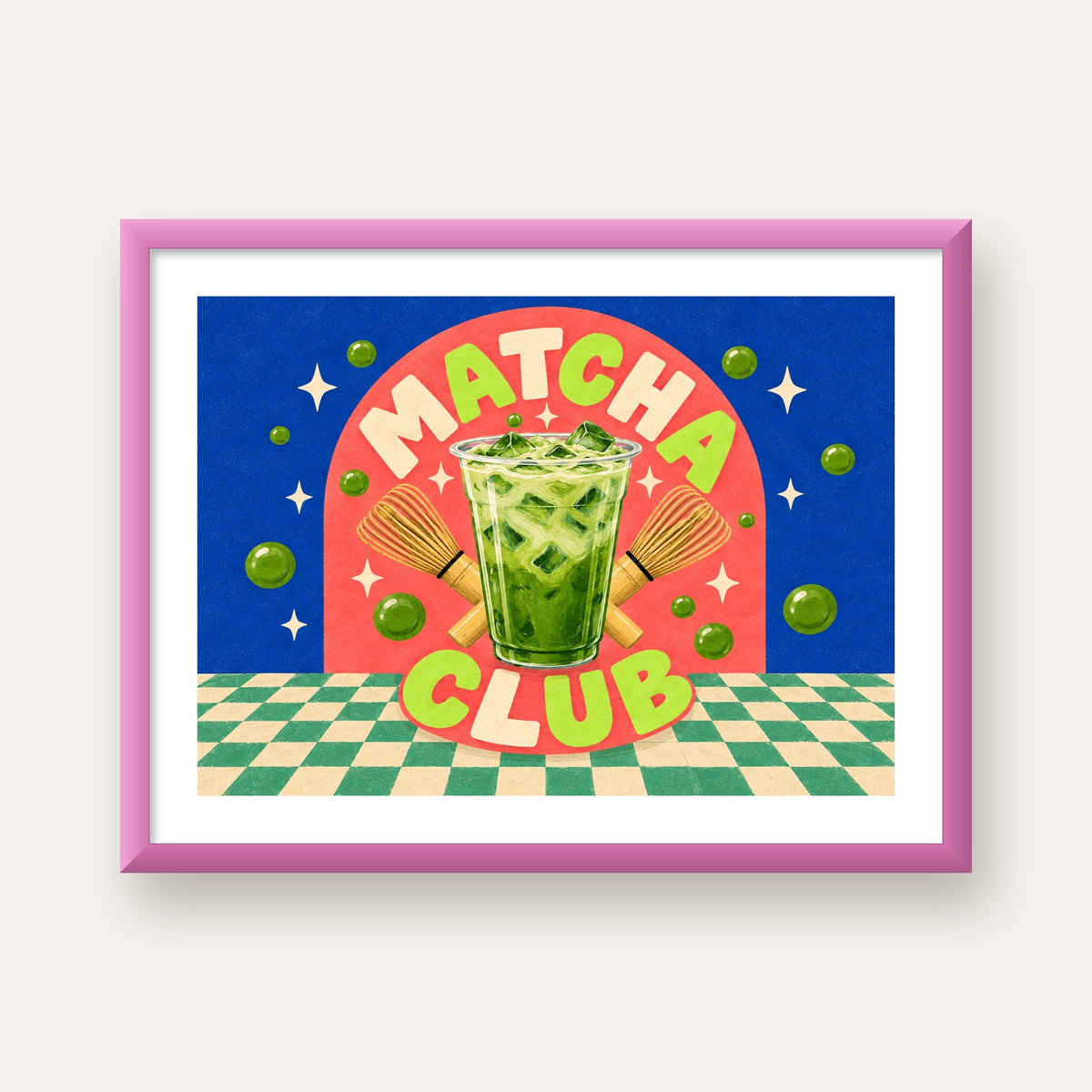 Retro Matcha Club Poster – Renkli İllüstrasyon Sanat Baskısı — pembe çerçeveli paspartulu