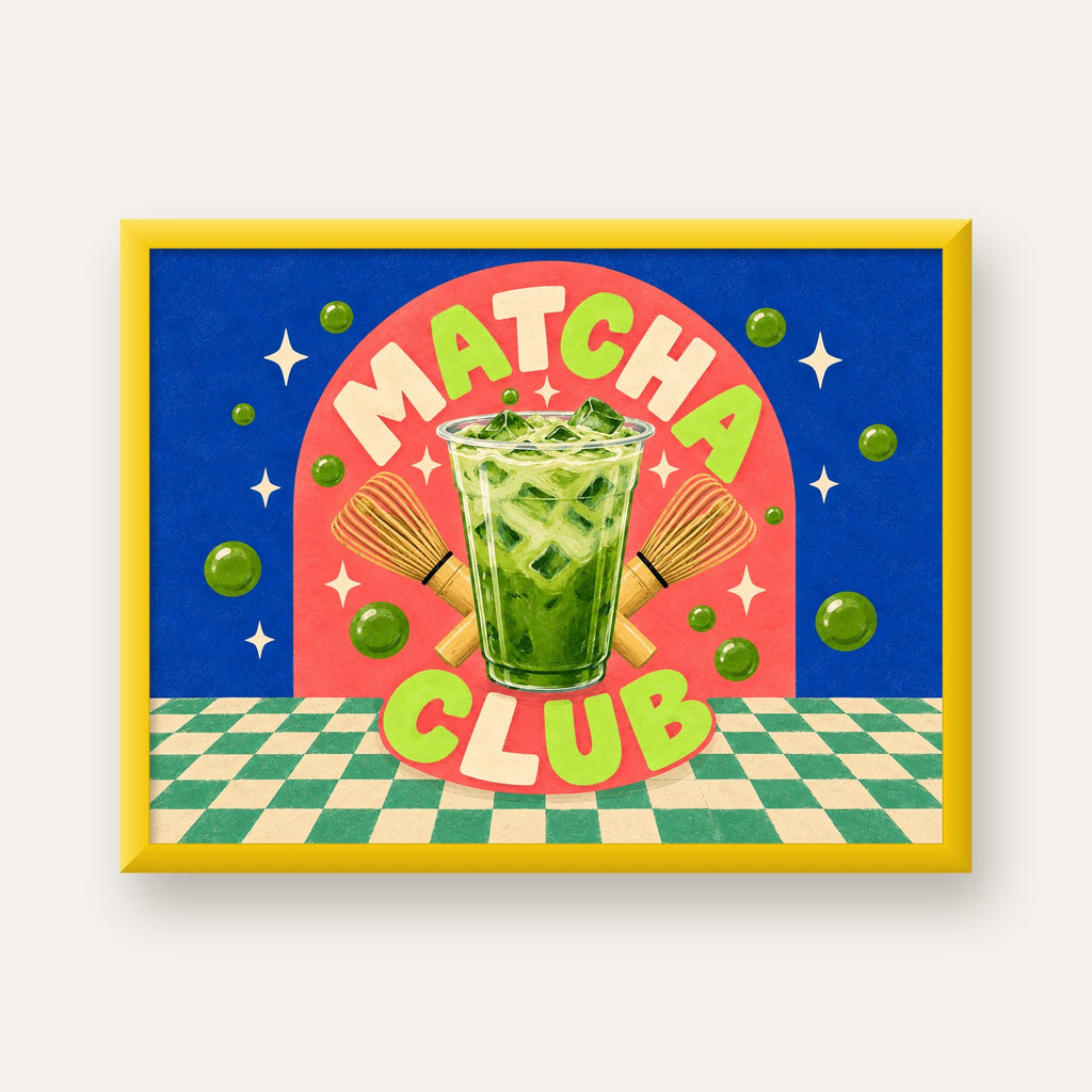 Retro Matcha Club Poster – Renkli İllüstrasyon Sanat Baskısı — sarı çerçeveli