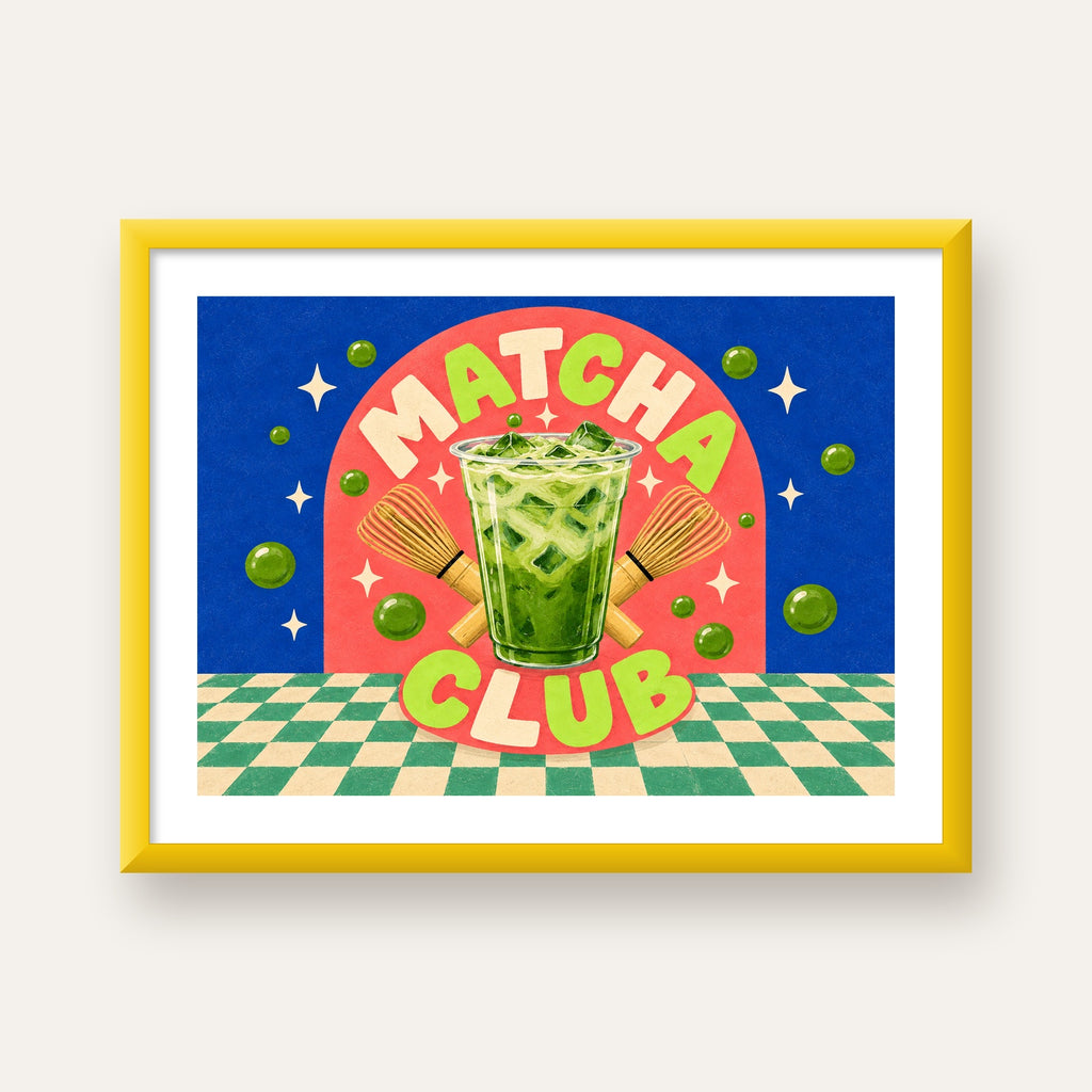 Retro Matcha Club Poster – Renkli İllüstrasyon Sanat Baskısı — sarı çerçeveli paspartulu