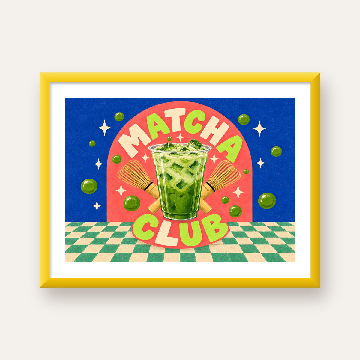 Retro Matcha Club Poster – Renkli İllüstrasyon Sanat Baskısı — sarı çerçeveli paspartulu