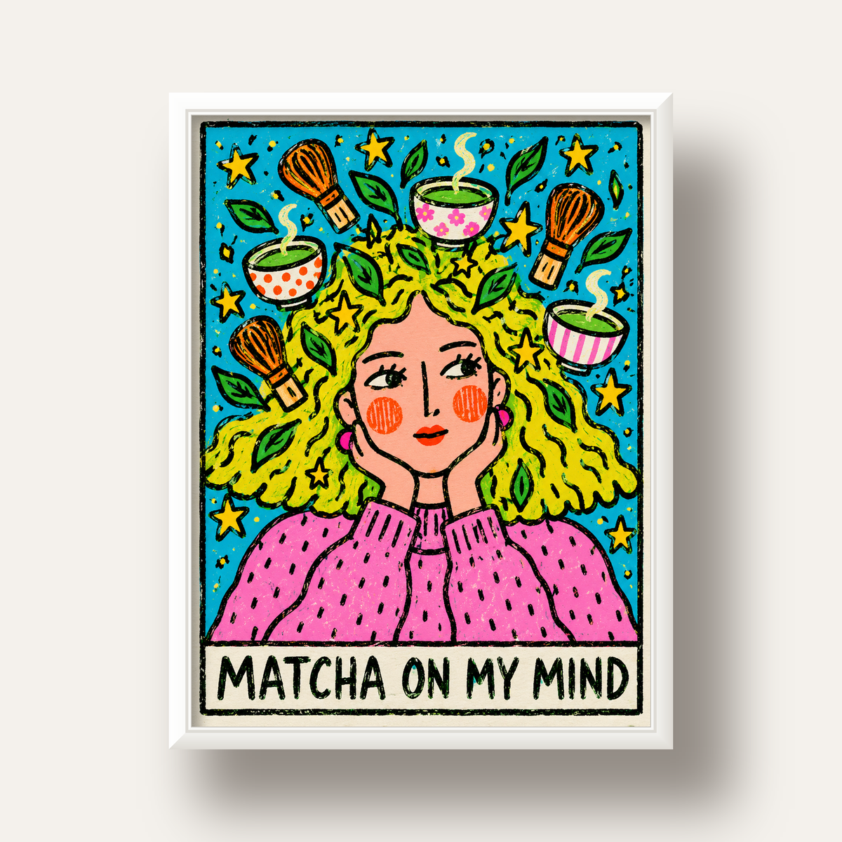 Matcha on My Mind Renkli İllüstrasyon Tipografi Poster — beyaz derin çerçeveli