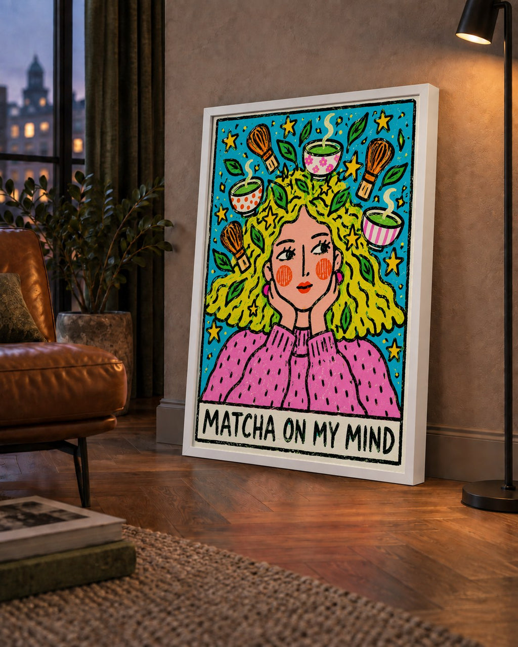 Matcha on My Mind Renkli İllüstrasyon Tipografi Poster — çerçeveli hâliyle bir ev duvarında