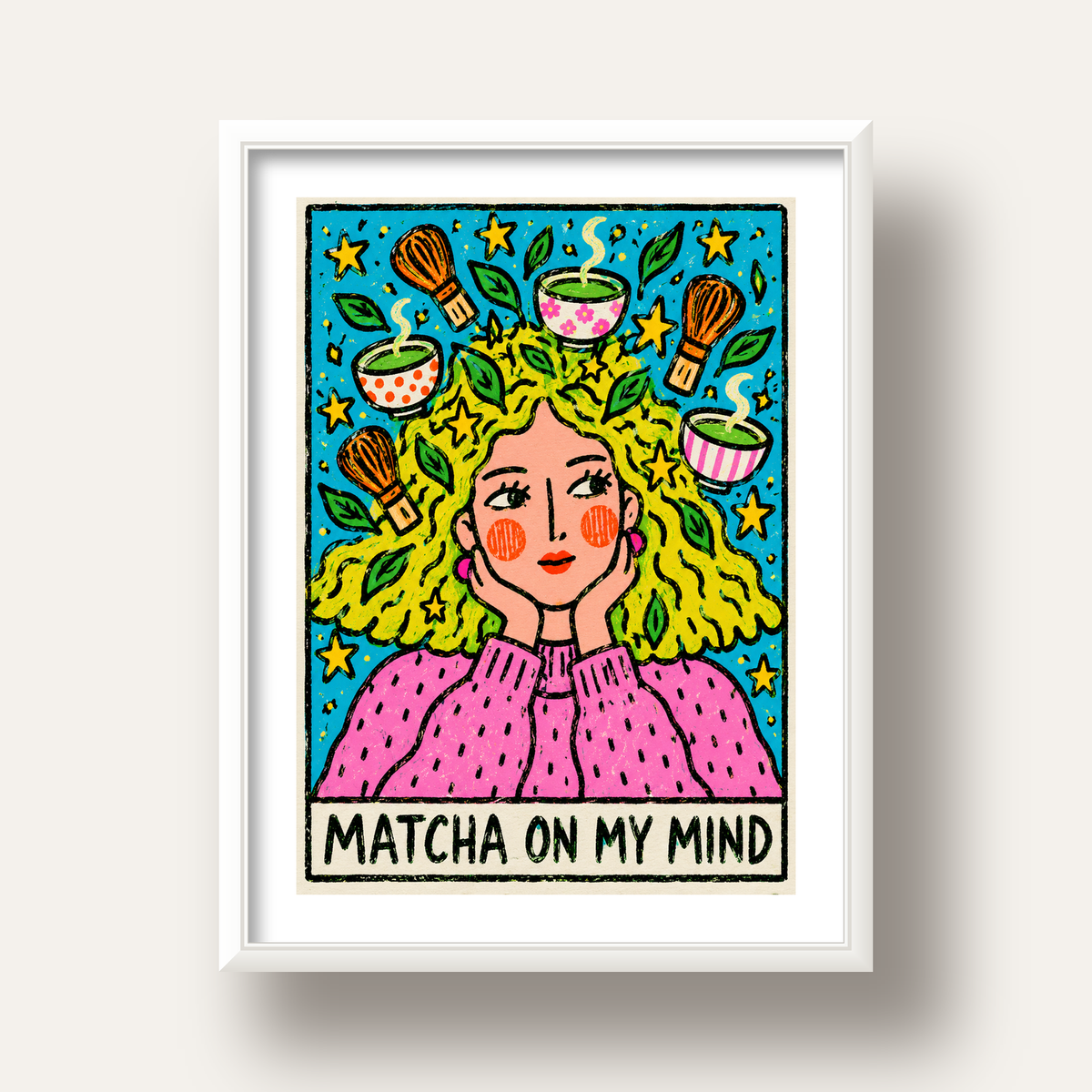 Matcha on My Mind Renkli İllüstrasyon Tipografi Poster — beyaz derin çerçeveli paspartulu