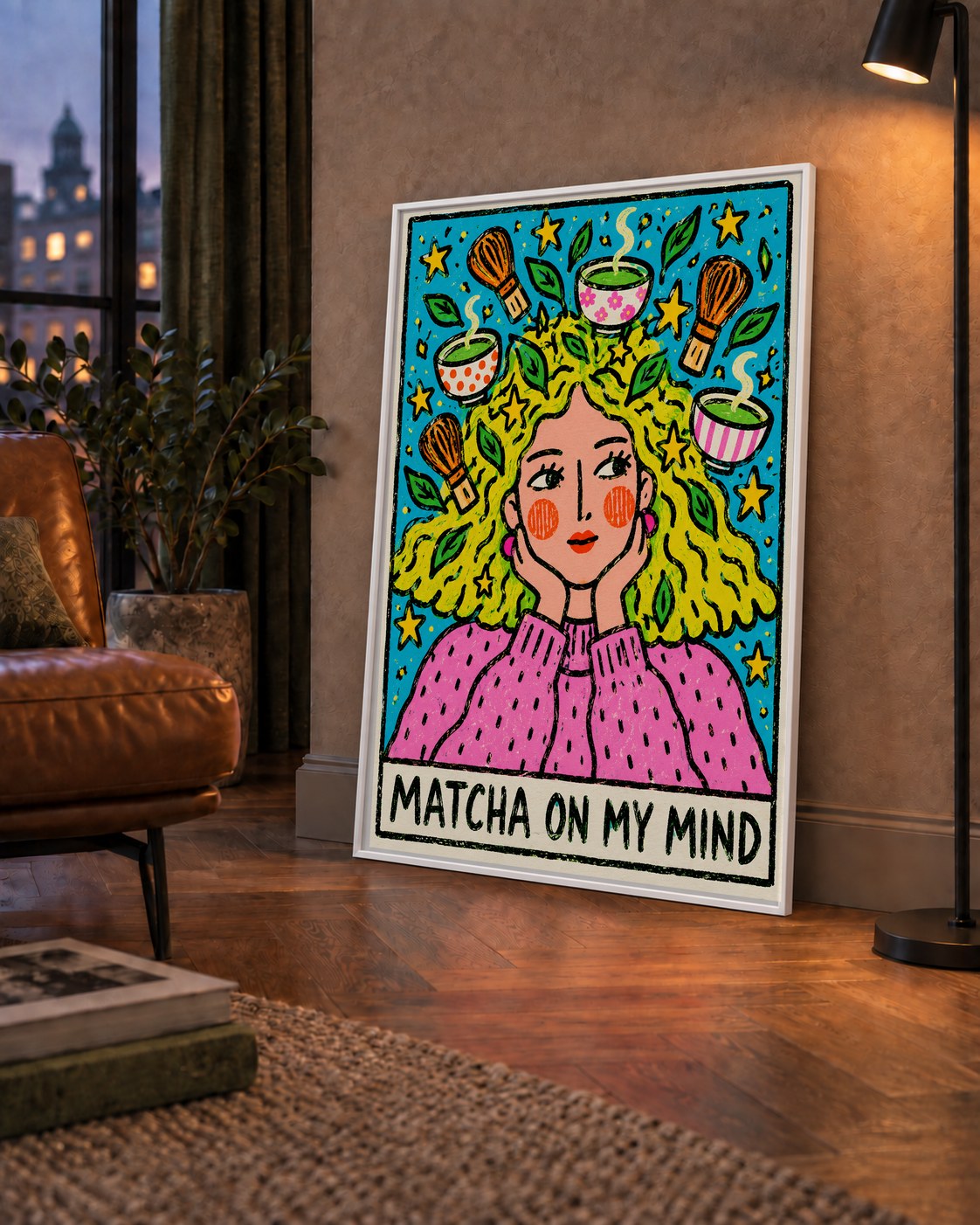 Matcha on My Mind Renkli İllüstrasyon Tipografi Poster — çerçeveli hâliyle bir ev duvarında
