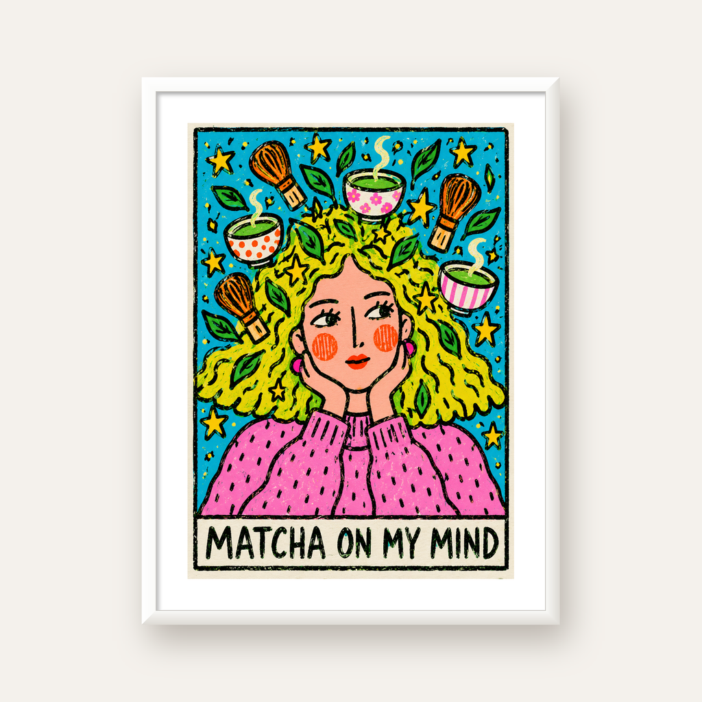 Matcha on My Mind Renkli İllüstrasyon Tipografi Poster — beyaz çerçeveli dikey poster
