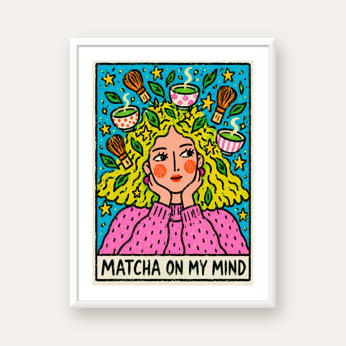 Matcha on My Mind Renkli İllüstrasyon Tipografi Poster — beyaz çerçeveli dikey poster