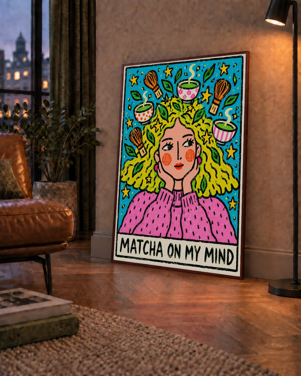 Matcha on My Mind Renkli İllüstrasyon Tipografi Poster — çerçeveli hâliyle bir ev duvarında