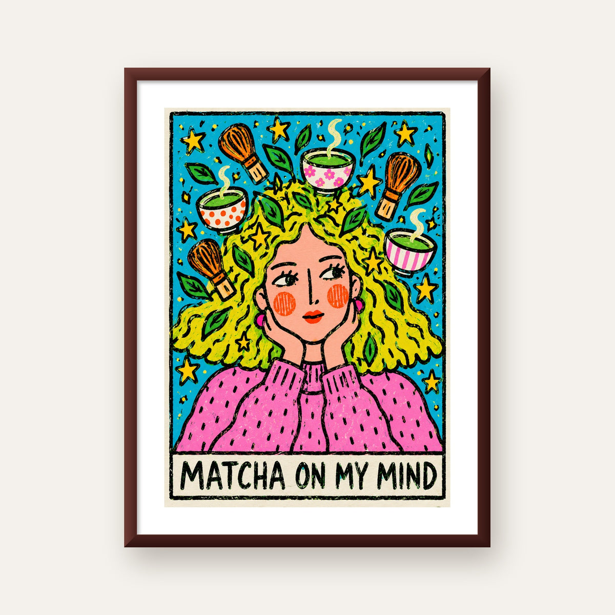 Matcha on My Mind Renkli İllüstrasyon Tipografi Poster — ceviz çerçeveli paspartulu