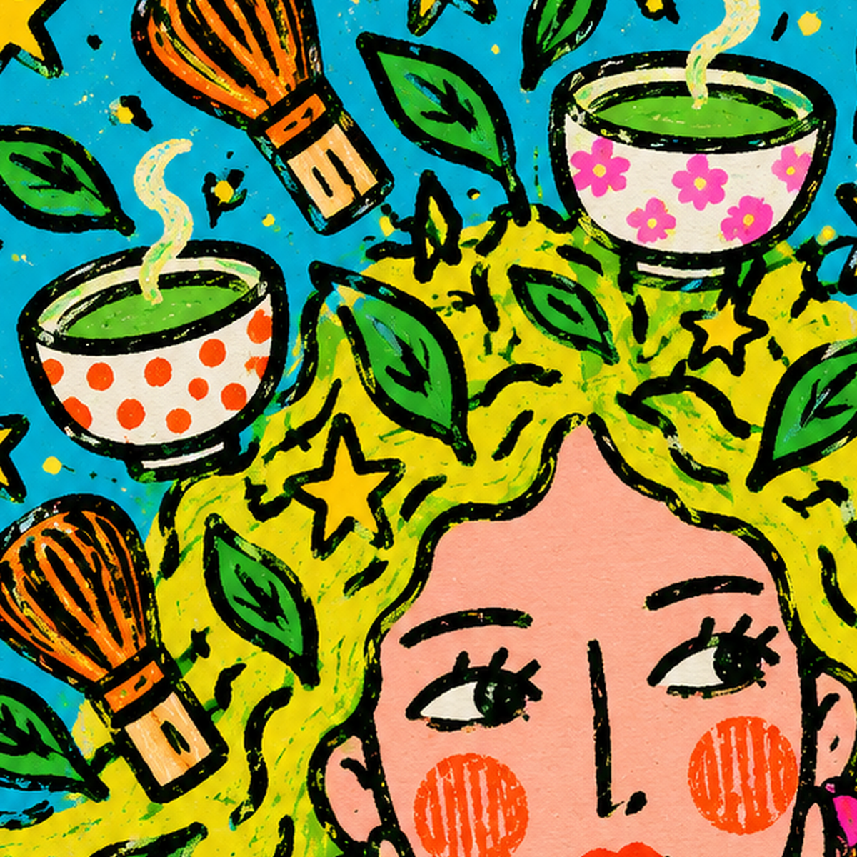 Matcha On My Mind – Renkli Kadın Portreli Sanat Posteri — baskının yakın çekimi, kâğıt dokusu ve renk detayı