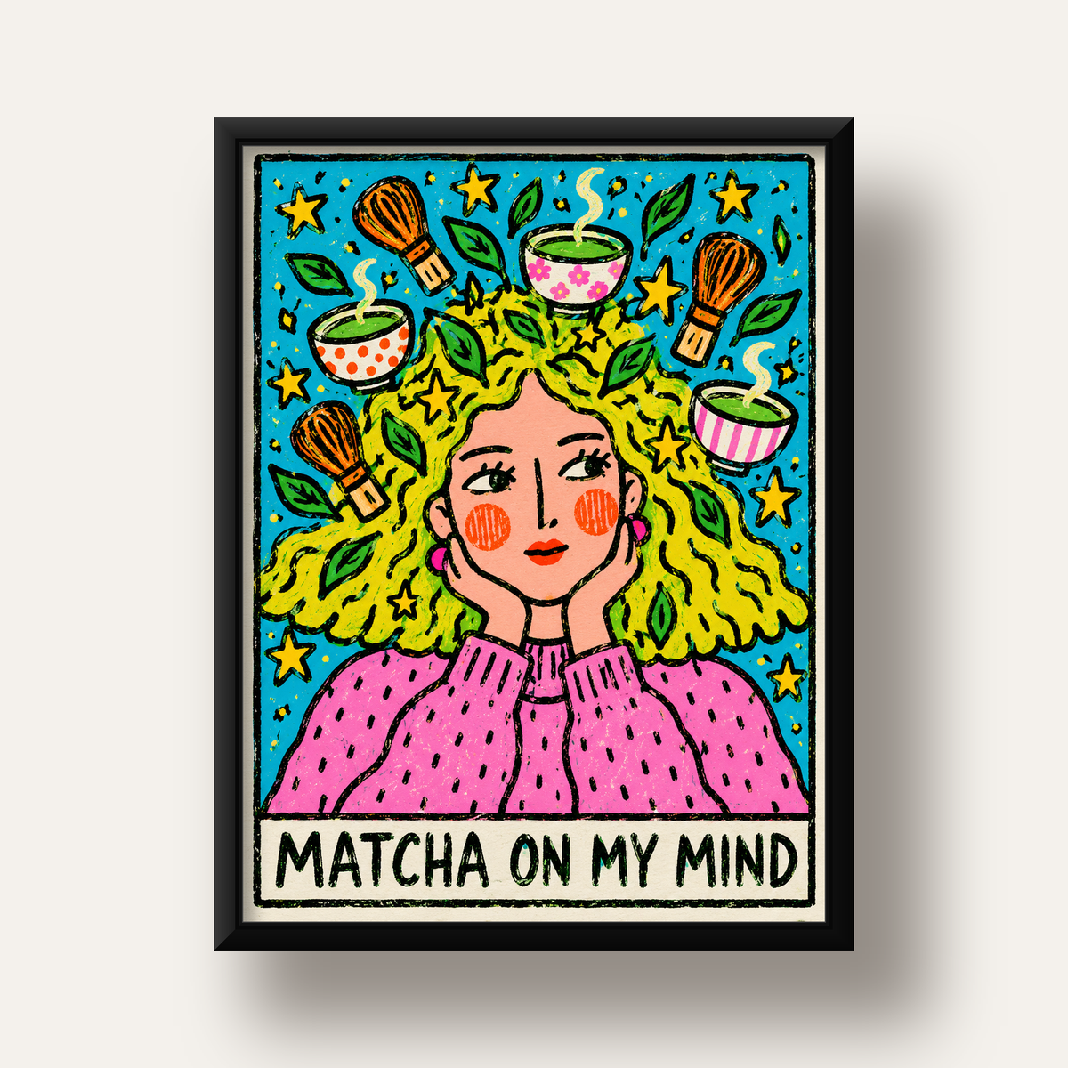 Matcha on My Mind Renkli İllüstrasyon Tipografi Poster — siyah derin çerçeveli
