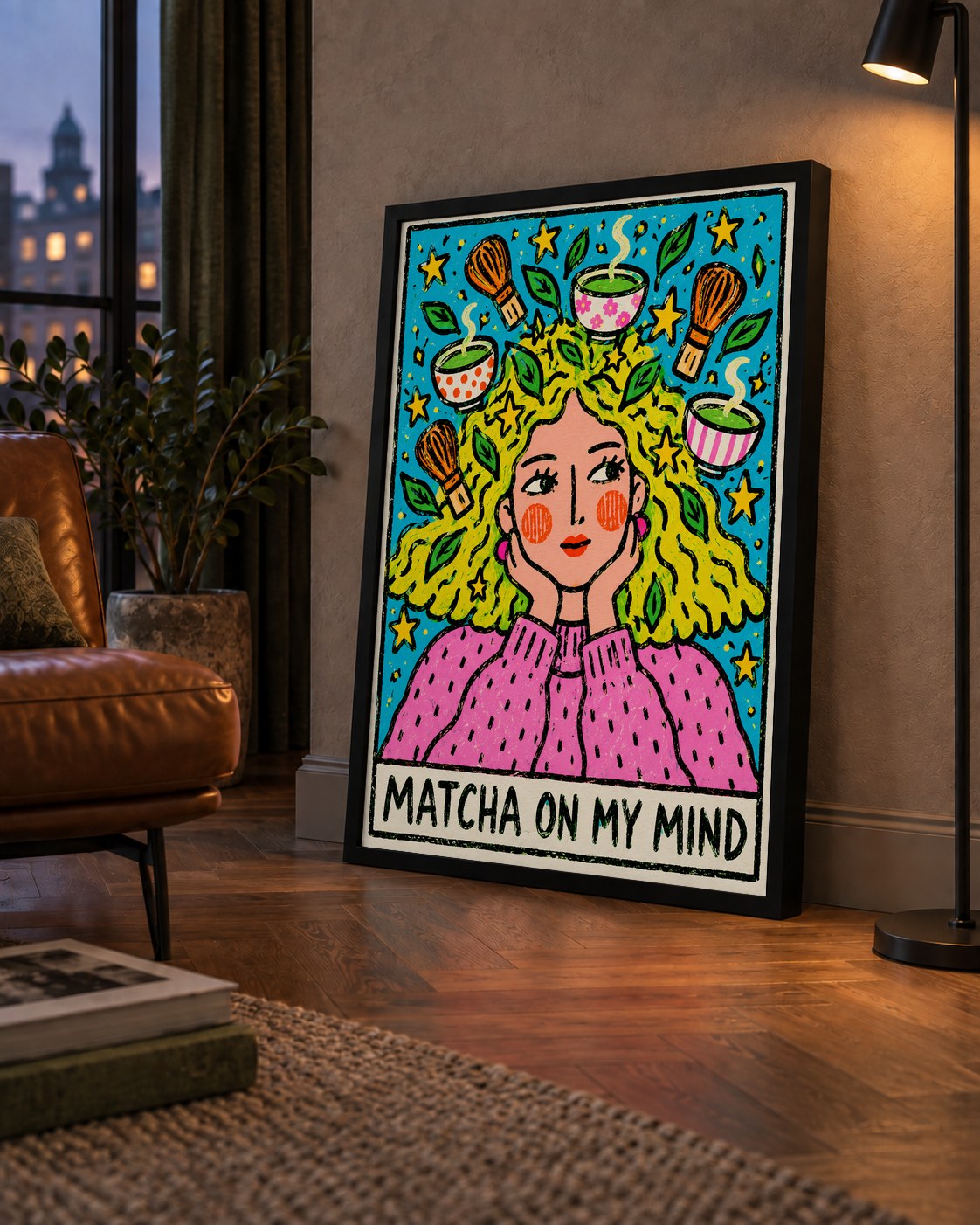 Matcha on My Mind Renkli İllüstrasyon Tipografi Poster — çerçeveli hâliyle bir ev duvarında