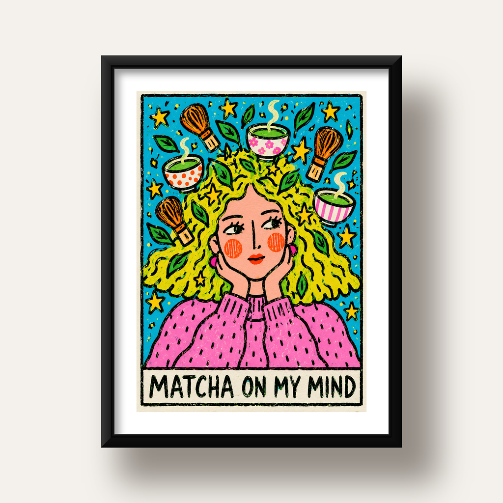 Matcha on My Mind Renkli İllüstrasyon Tipografi Poster — siyah derin çerçeveli paspartulu