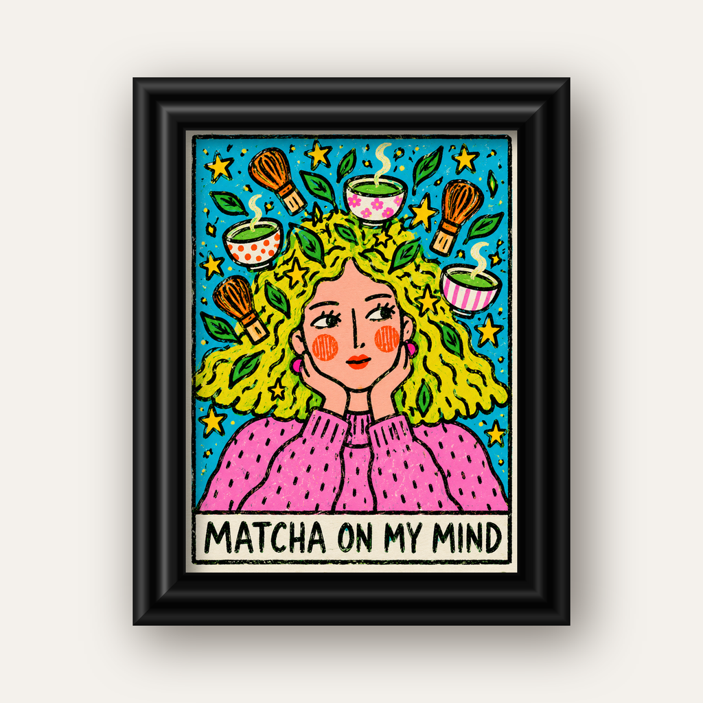 Matcha on My Mind Renkli İllüstrasyon Tipografi Poster — siyah galeri çerçeveli