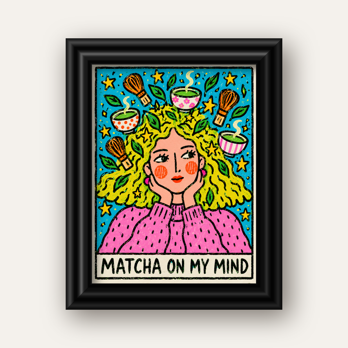 Matcha on My Mind Renkli İllüstrasyon Tipografi Poster — siyah galeri çerçeveli